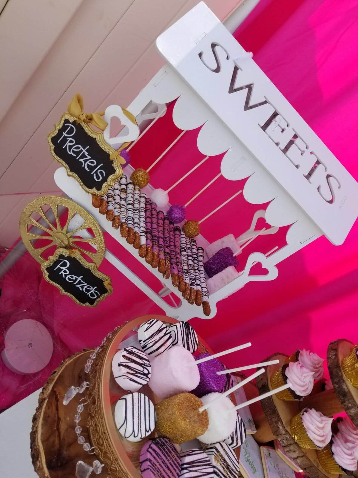 Party Layout with Pretzel Rods, Cupcakes and Cake pops