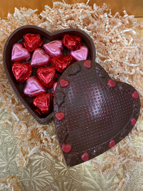 Chocolate Heart Box filled with foiled chocolate hearts